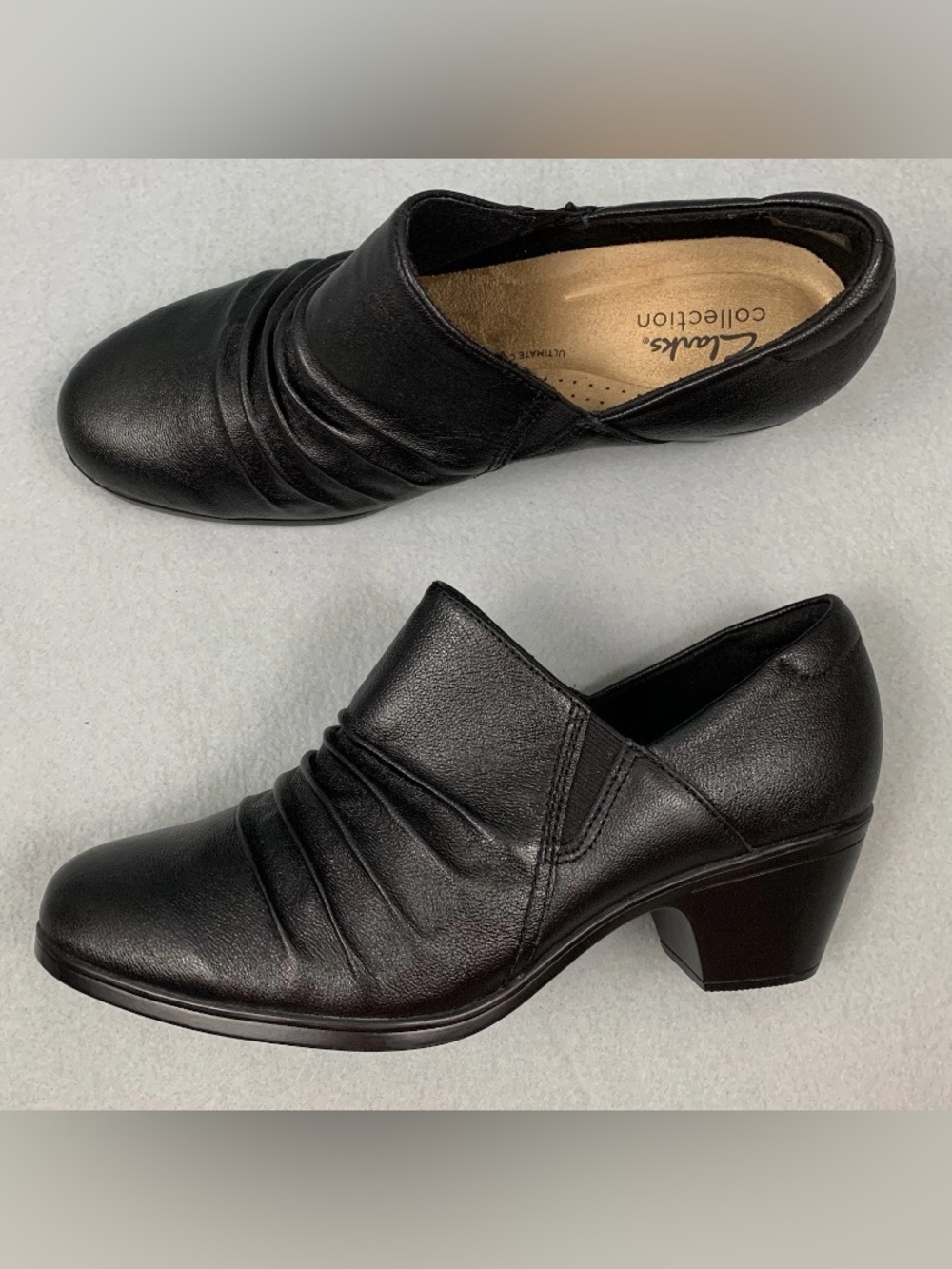 Clarks Clogs Womens 10 W Black Leather Mule Slip On Cushion Comfort Block Heel